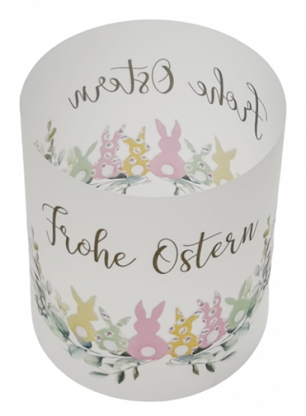 Lichthülle, Tischlicht mit einem Kranz aus grünen Blättern und bunten Hasen - 2 Lichthülle, Tischlicht mit einem Kranz aus grünen Blättern und bunten Hasen - 2