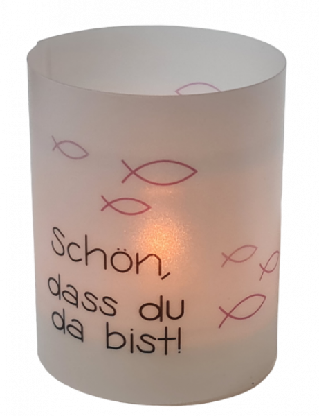 Lichthülle, Tischlicht "Schön, dass du da bist!" und Fischen in Rosa - 3 Lichthülle, Tischlicht "Schön, dass du da bist!" und Fischen in Rosa - 3