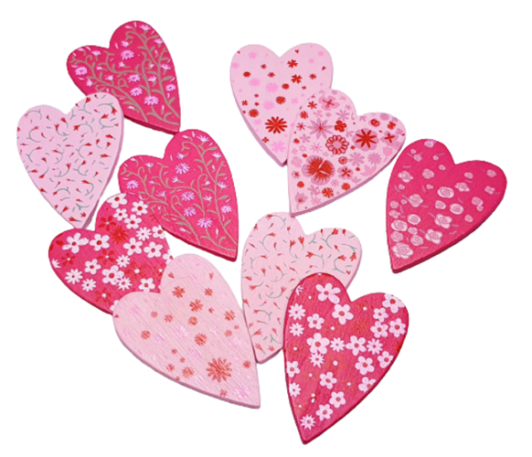 Streuherzen aus Holz rosa/pink mit Mustern - 1