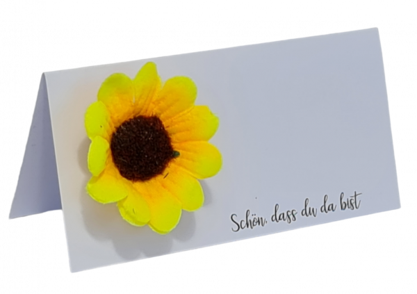 Tischkarten mit einer kleinen Sonnenblume und dem Spruch "schön, dass du da bist" - 1 Tischkarten mit einer kleinen Sonnenblume und dem Spruch "schön, dass du da bist" - 1