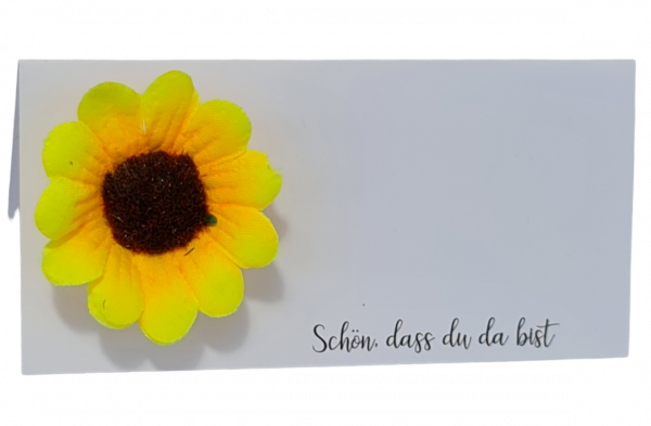 Tischkarten mit einer kleinen Sonnenblume und dem Spruch "schön, dass du da bist" - 2 Tischkarten mit einer kleinen Sonnenblume und dem Spruch "schön, dass du da bist" - 2