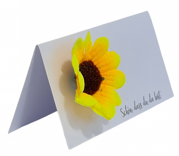 Tischkarten mit einer kleinen Sonnenblume und dem Spruch "schön, dass du da bist" - 3 Tischkarten mit einer kleinen Sonnenblume und dem Spruch "schön, dass du da bist" - 3