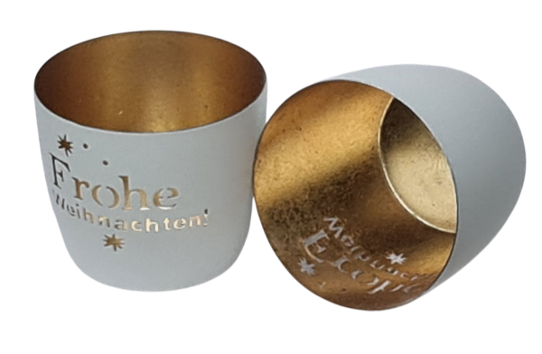 Metall-Windlicht „Frohe Weihnachten“, Weiß-Gold 10 cm Metall-Windlicht „Frohe Weihnachten“, Weiß-Gold 10 cm