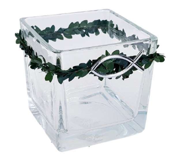 Glaswindlicht eckig mit Buchs und einem Fisch - 4