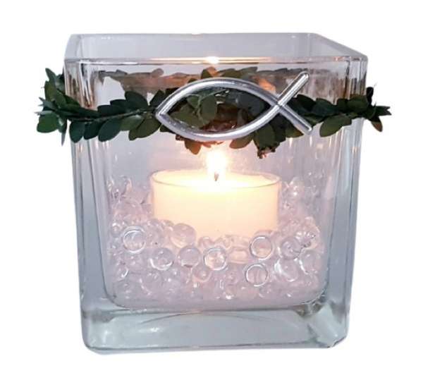 Glaswindlicht eckig mit Buchs und einem Fisch - 2