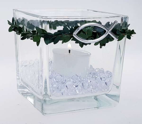 Glaswindlicht eckig mit Buchs und einem Fisch - 5